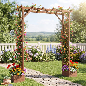 87in Tall Wooden Garden Arbor with Planter Boxes and Hanging Roof for Climbing Plants-Orange
