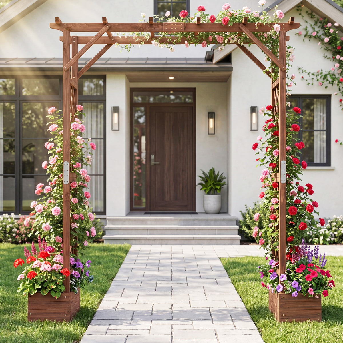 87in Tall Wooden Garden Arbor with Planter Boxes and Hanging Roof for Climbing Plants-Orange