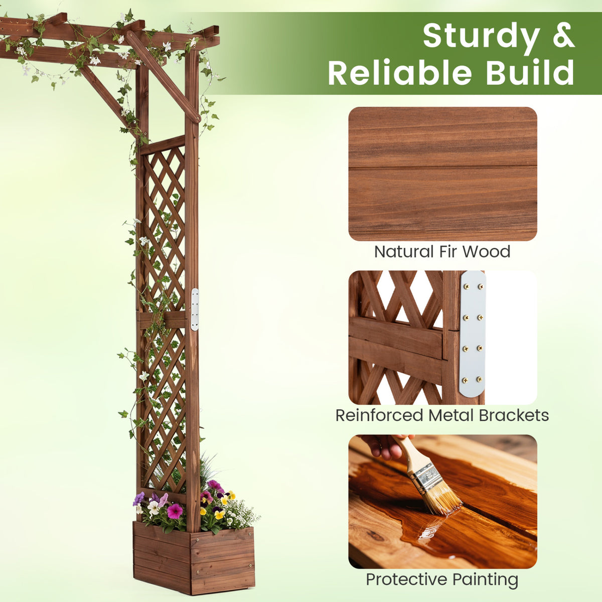 87in Tall Wooden Garden Arbor with Planter Boxes and Hanging Roof for Climbing Plants-Orange