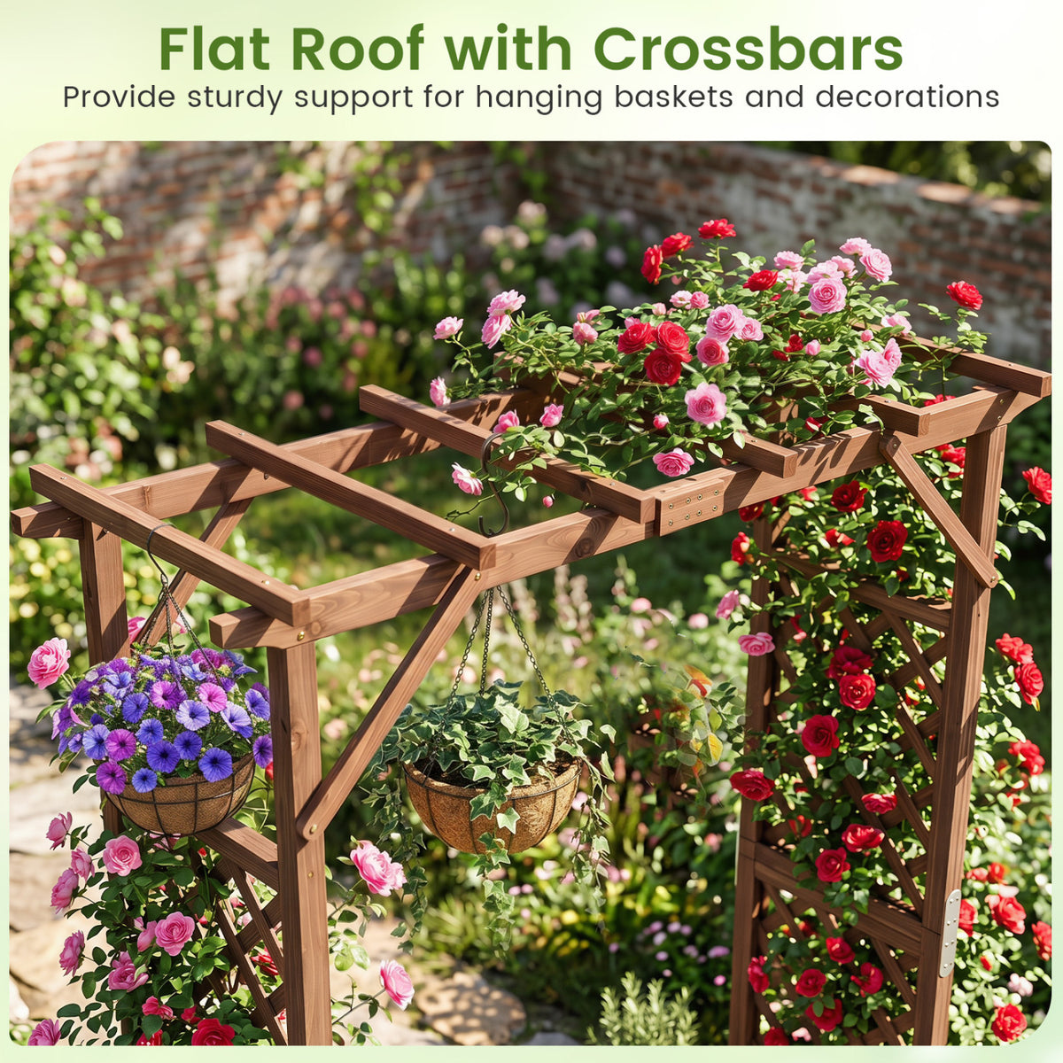 87in Tall Wooden Garden Arbor with Planter Boxes and Hanging Roof for Climbing Plants-Orange