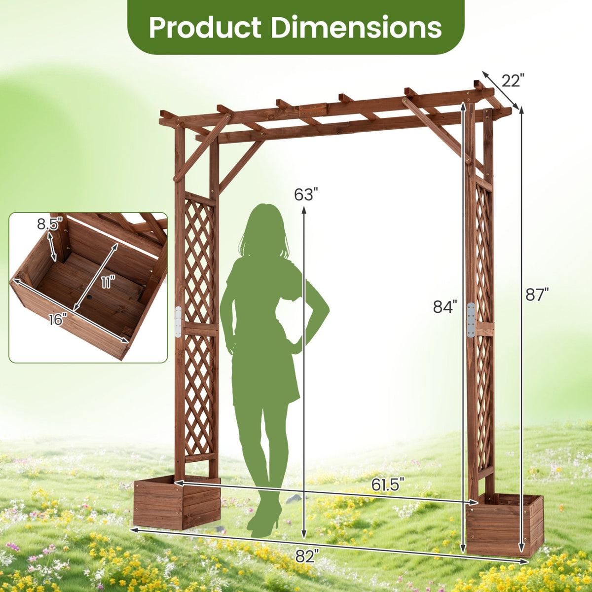 87in Tall Wooden Garden Arbor with Planter Boxes and Hanging Roof for Climbing Plants-Orange