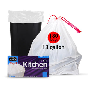 DURRA BEST. Tall Kitchen Drawstring Trash Bags 13 Gallon | 180 Count Bulk | Kitchen Garbage Bags | White | Ultra Strong | 13 Gallon Capacity