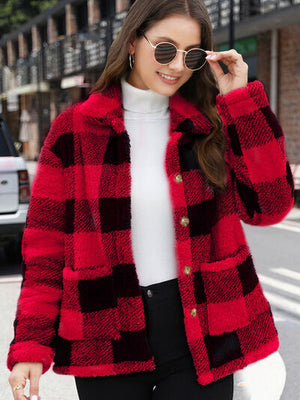 Beautiful Red Women Drop Shoulder Fuzzy Button-Up Jacket Soft And Comfortable Casual Fit Jacket