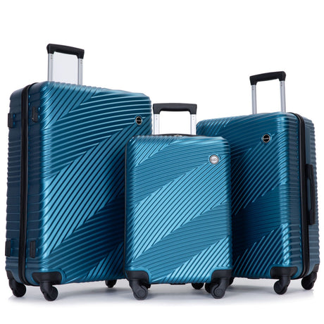 A 3 Piece Luggage Set featuring lightweight blue suitcases with textured diagonal lines, telescopic handles, and spinner wheels in small, medium, and large sizes set against a white background.