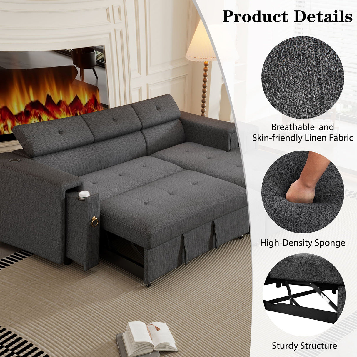 Multi-Functional Pull-Out Sofa Bed L-Shape Sectional Sofa With Adjustable Headrest, Wireless Charging, Cup Holders And Hidden Storage For Living Room by Couch.com