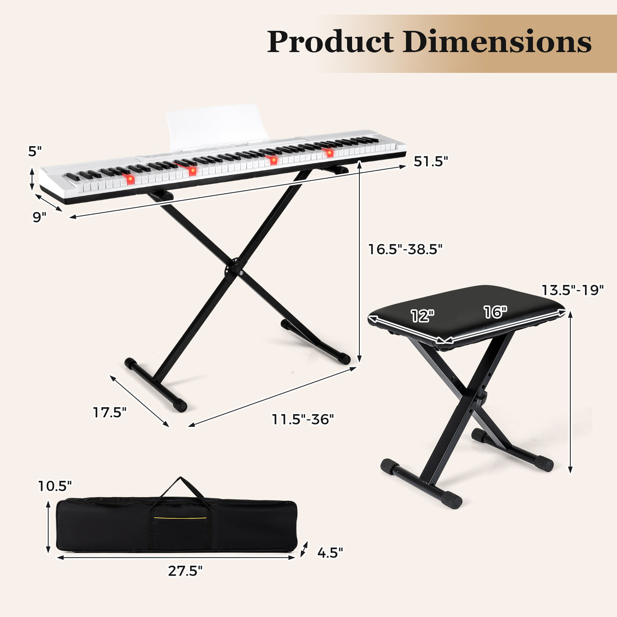 88-Key Electric Piano Keyboard with Adjustable Stand and  Portable Bag-White