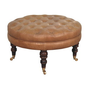 Buffalo - Leather Round Ottoman With Castor Legs - Brown by Couch.com