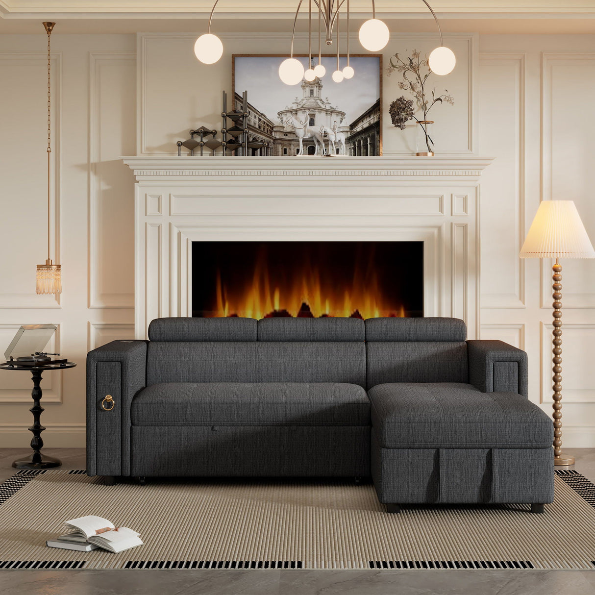 Multi-Functional Pull-Out Sofa Bed L-Shape Sectional Sofa With Adjustable Headrest, Wireless Charging, Cup Holders And Hidden Storage For Living Room by Couch.com