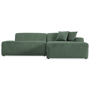 The Mar High-Quality Sectional Sofa is a green L-shaped design with modern flair, featuring soft fabric with a subtle texture. It includes two matching cushions on the right side and stands on small, barely visible black feet.