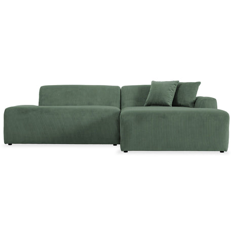 The Mar High-Quality Sectional Sofa is a green L-shaped design with modern flair, featuring soft fabric with a subtle texture. It includes two matching cushions on the right side and stands on small, barely visible black feet.