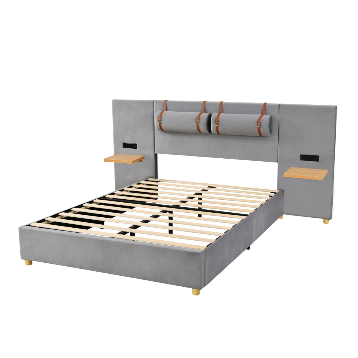 Upholstered Platform Bed, 2 Outlets And USB Charging Ports On Both Sides, 2 Bedside Pillows, Storage Shelves by Couch.com