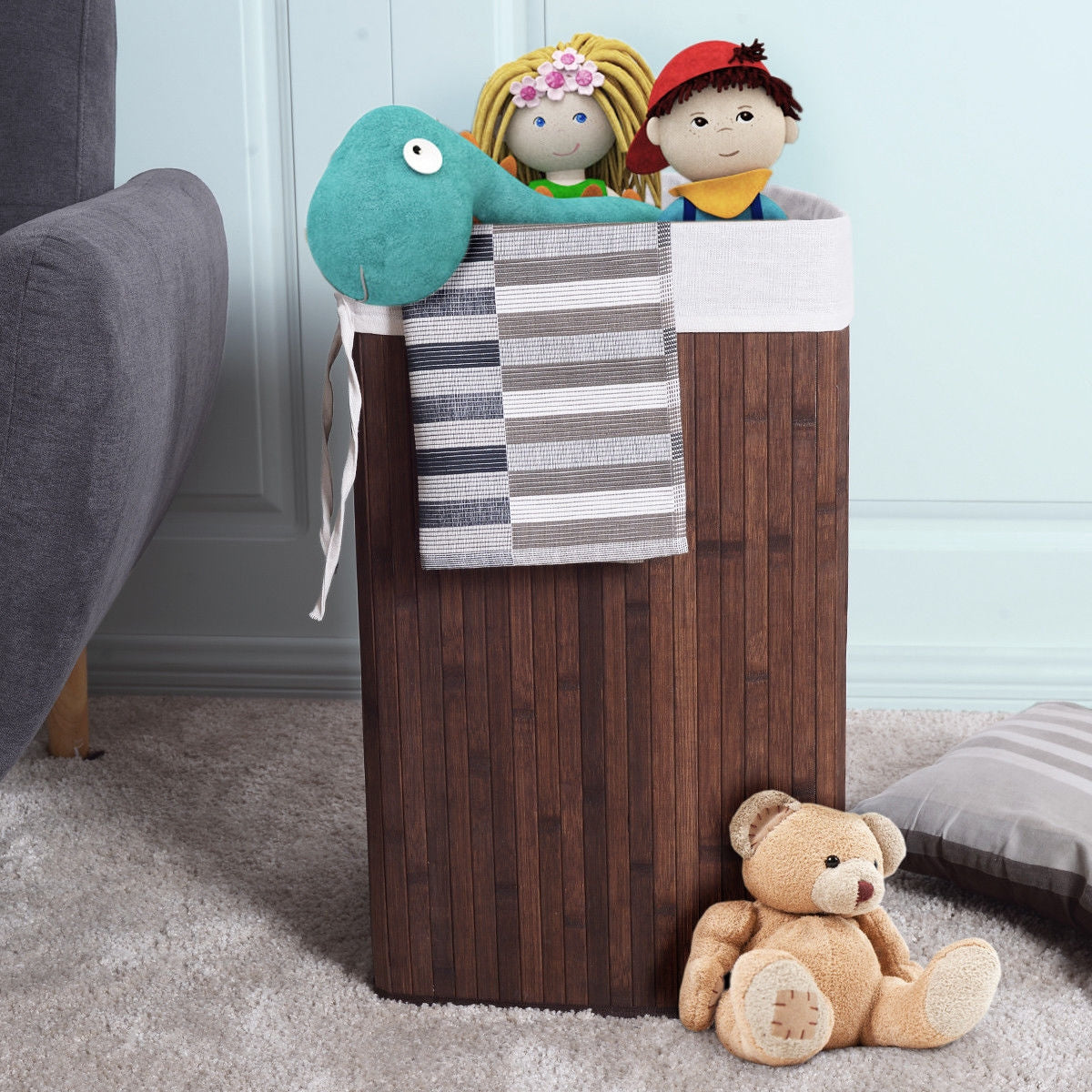Corner Bamboo Hamper Laundry Basket-Natural