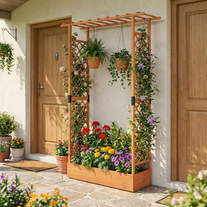 89 Inch Tall Wooden Raised Garden Bed with Side Trellis and Hanging Roof Drainage Holes-Orange