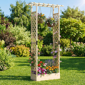 89 Inch Tall Wooden Raised Garden Bed with Side Trellis and Hanging Roof Drainage Holes-Natural