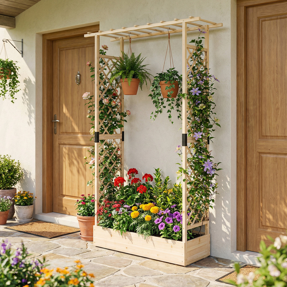 89 Inch Tall Wooden Raised Garden Bed with Side Trellis and Hanging Roof Drainage Holes-Natural