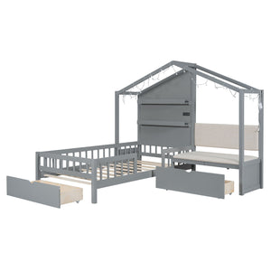 House Bed With Upholstered Sofa, Wireless Charging Station, Shelves And 2 Drawers by Couch.com