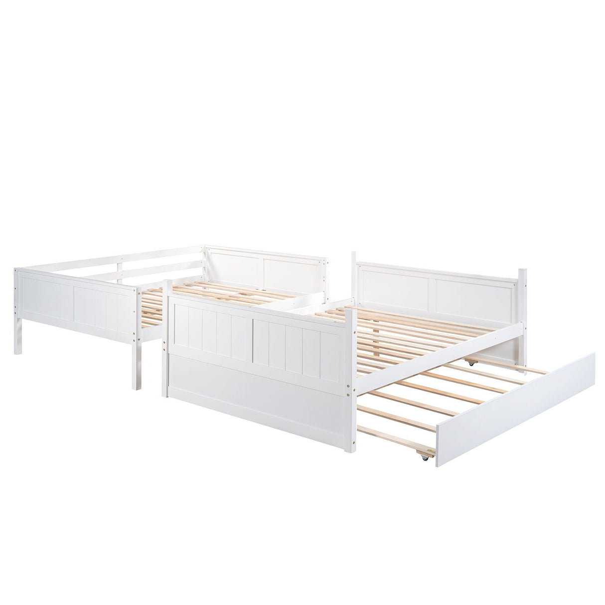White wooden L-shaped bunk bed frame with slatted bases and panel detailing on the headboard and footboard, offering a modern and minimalist design. Product: Bunk Bed With Twin Size Trundle.