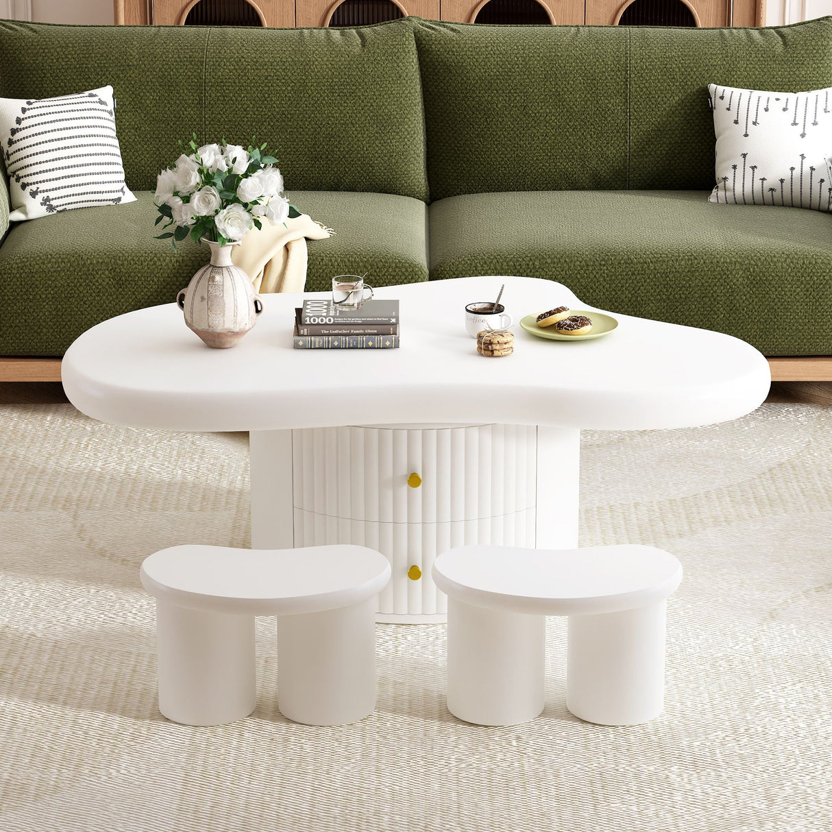 Couch.com Cloud Coffee Table (Set of 3), Irregular Shape Coffee Table With 2 Drawers, 2 Small Stools For Living Room White, Set of 2, with Storage, Durable Design, Wood Construction, White Finish by Couch.com