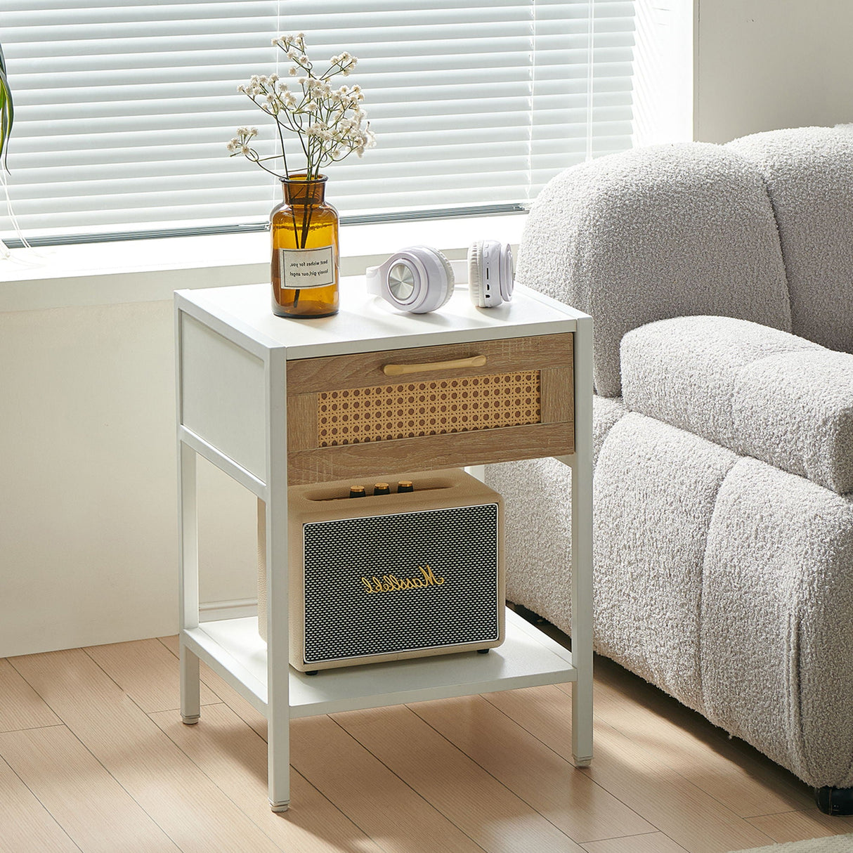 15.74" Rattan End Table With Drawer, Modern Nightstand, Metal Legs, Side Table For Living Room, Bedroom by Couch.com