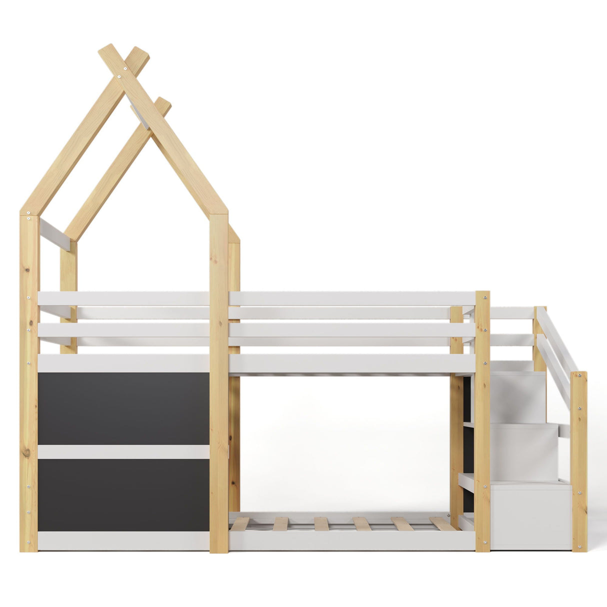 Twin Over Twin House Bunk Bed With White Storage Staircase And 2 Blackboards - White / Natural by Couch.com