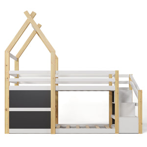 Twin Over Twin House Bunk Bed With White Storage Staircase And 2 Blackboards - White / Natural by Couch.com