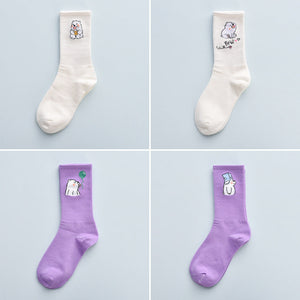 4Pair Spring And Summer Combed Out Of Pure Cotton Socks Mid Waist Fashion Bear Socks Cute Animal Socks Kawaii Cute Cartoon Purple College Socks For Men And Women