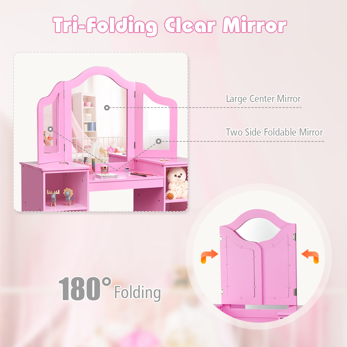 Kids Tri Folding Mirror Makeup Dressing Vanity Table Set-White