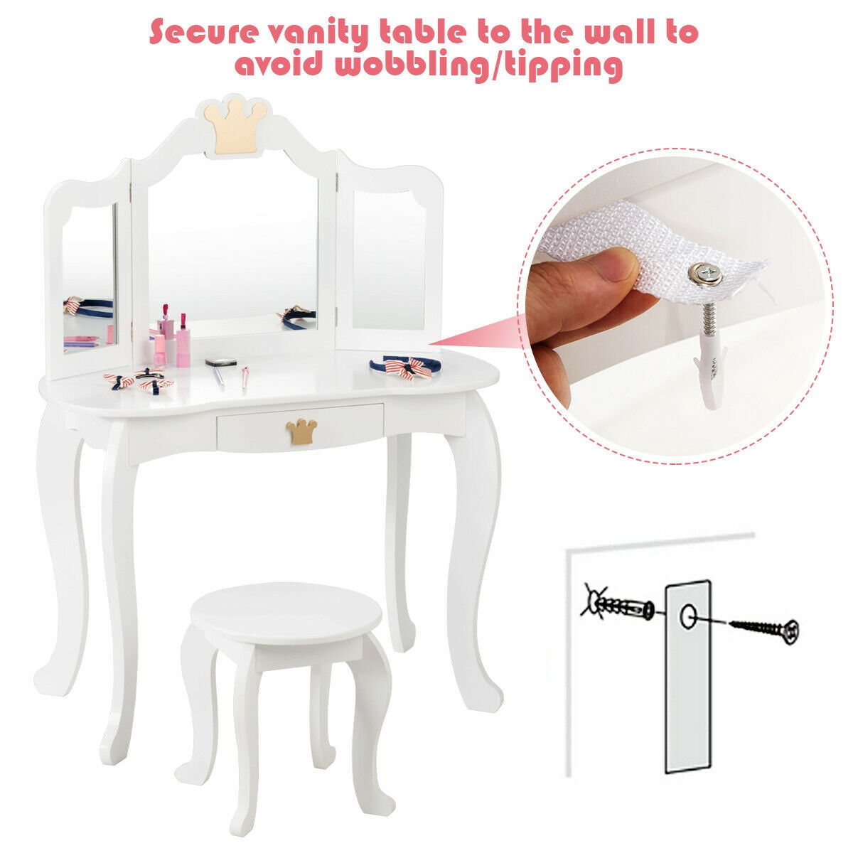 Kids Makeup Dressing Table with Tri-folding Mirror and Stool-Pink