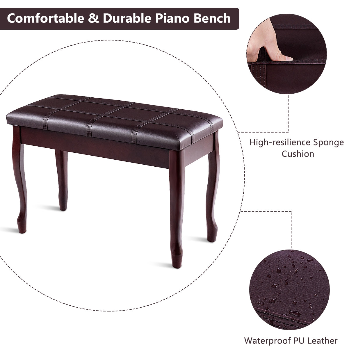 Solid Wood PU Leather Piano Bench with Storage-Black