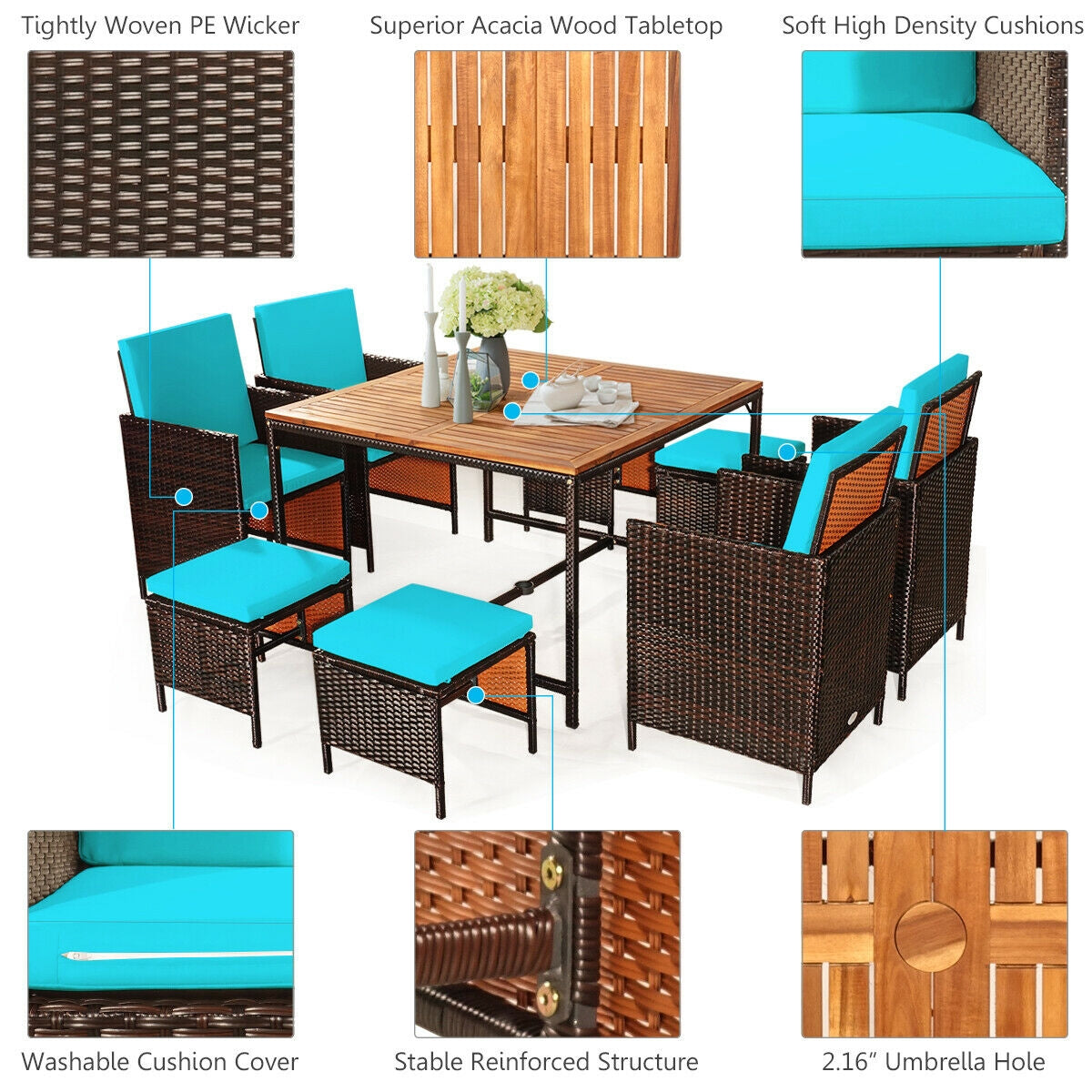 9 Pieces Patio Rattan Dining Cushioned Chairs Set-Red