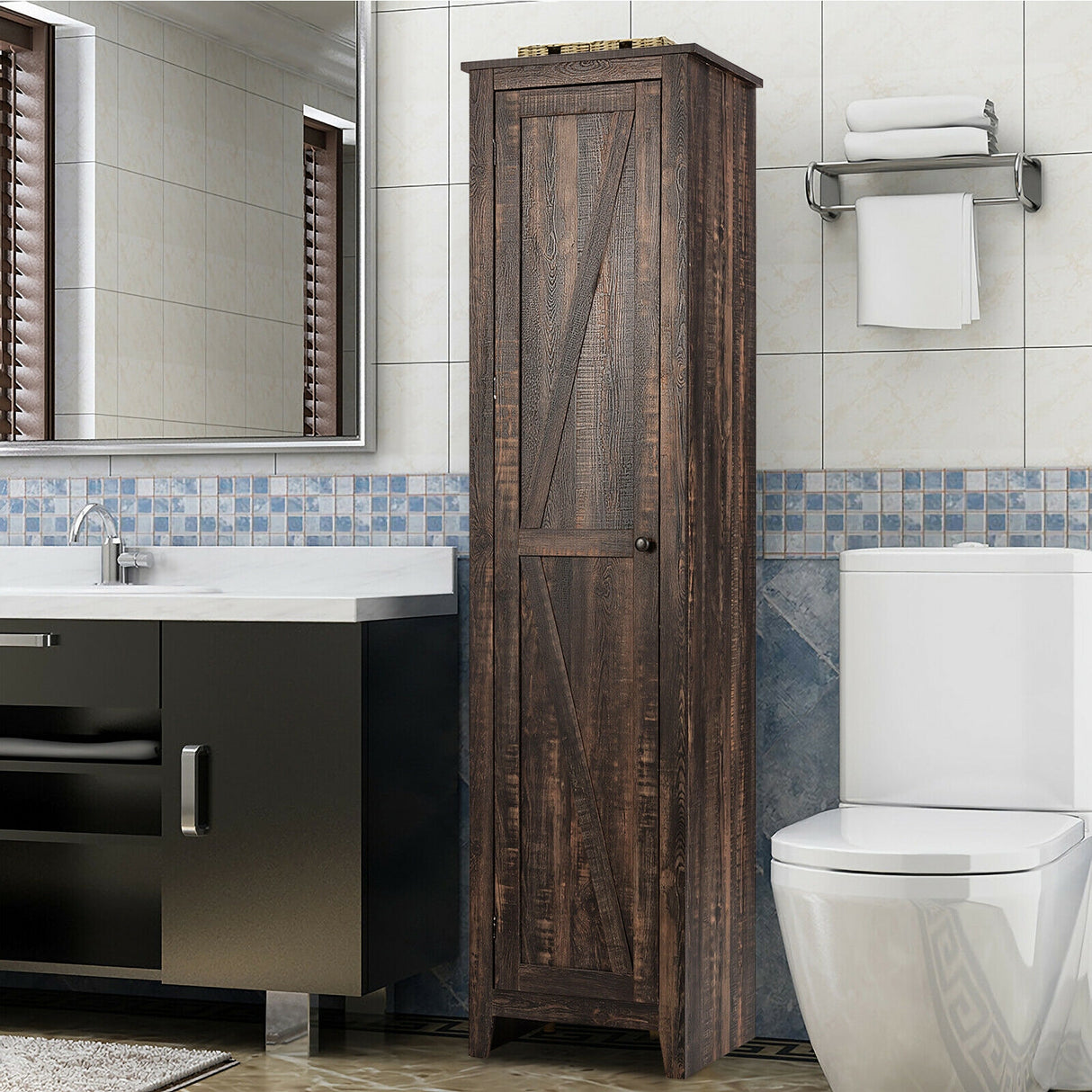 Linen Tower Bathroom Storage Cabinet Tall Slim Side Organizer with Shelf-Black