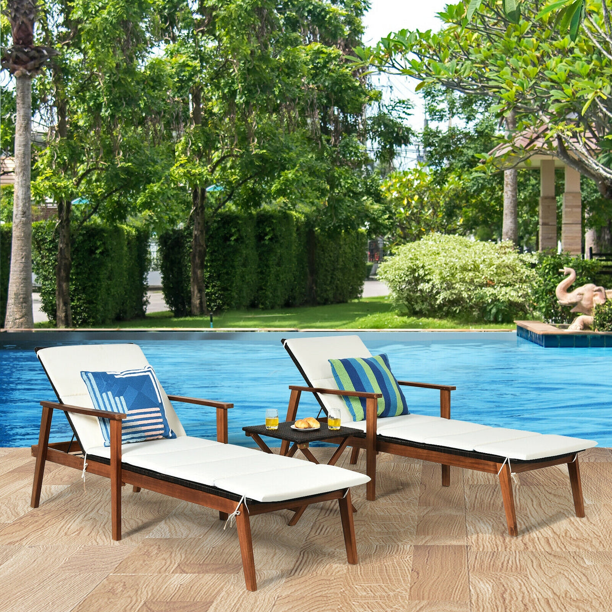 3 Pieces Portable Patio Cushioned Rattan Lounge Chair Set with Folding Table-Turquoise
