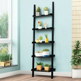 5-Tier Wall-leaning Ladder Shelf  Display Rack for Plants and Books-White