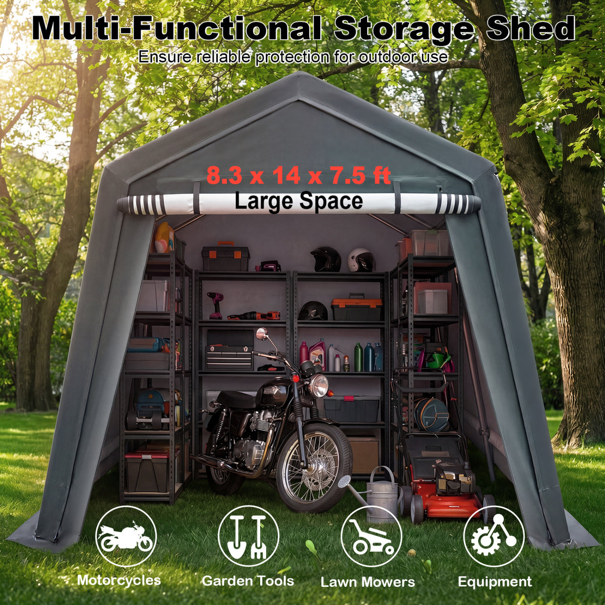8.3 x 14 Feet Outdoor Storage Shed with Roll-Up Zipper Door-Green