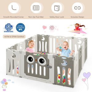 14-Panel Baby Playpen Kids Activity Center Foldable Play Yard with Lock Door-Beige