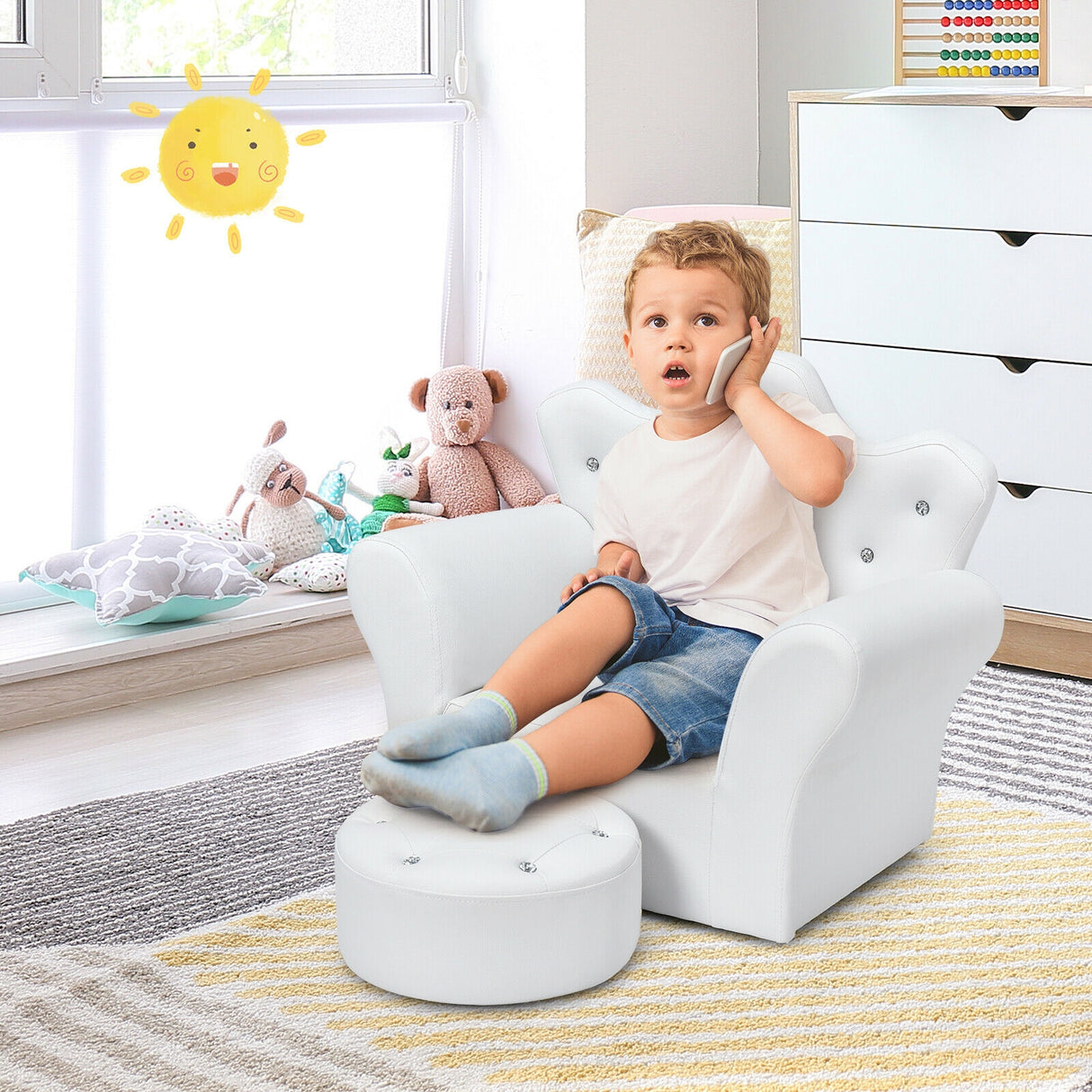 Pink Kids Sofa Armrest Couch with Ottoman-Pink