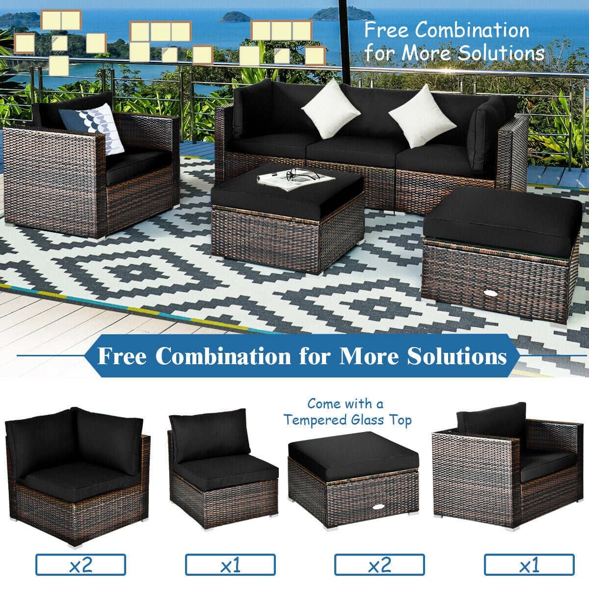6 Pcs Patio Rattan Furniture Set with Sectional Cushion-Blue