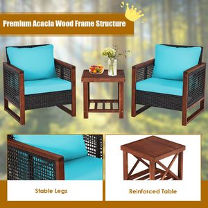 3 Pieces Patio Wicker Furniture Set with Washable Cushion and Acacia Wood Coffee Table-Beige