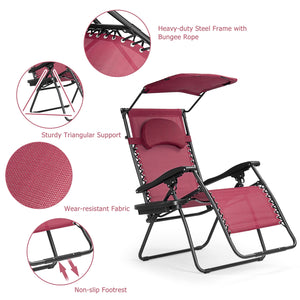 Folding Recliner Lounge Chair with Shade Canopy Cup Holder-Brown