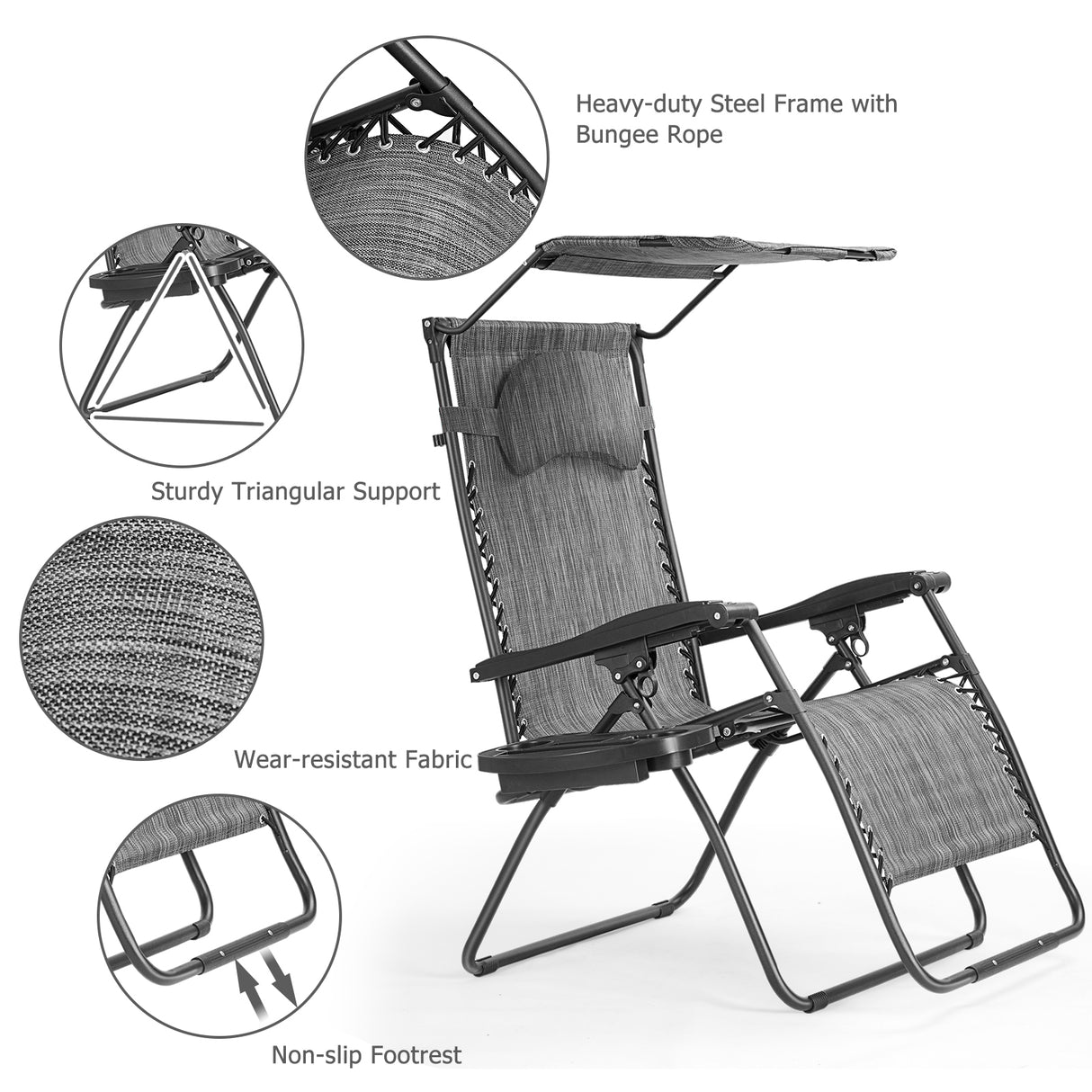 Folding Recliner Lounge Chair with Shade Canopy Cup Holder-Brown