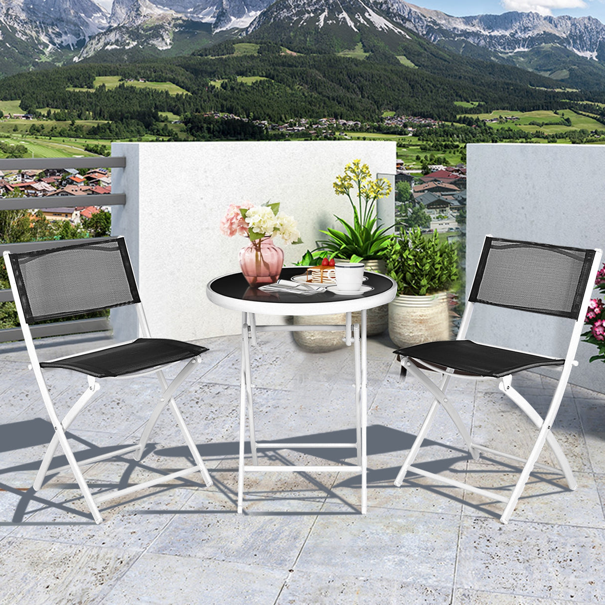 3 Pieces Patio Folding Bistro Set for Balcony or Outdoor Space-Black