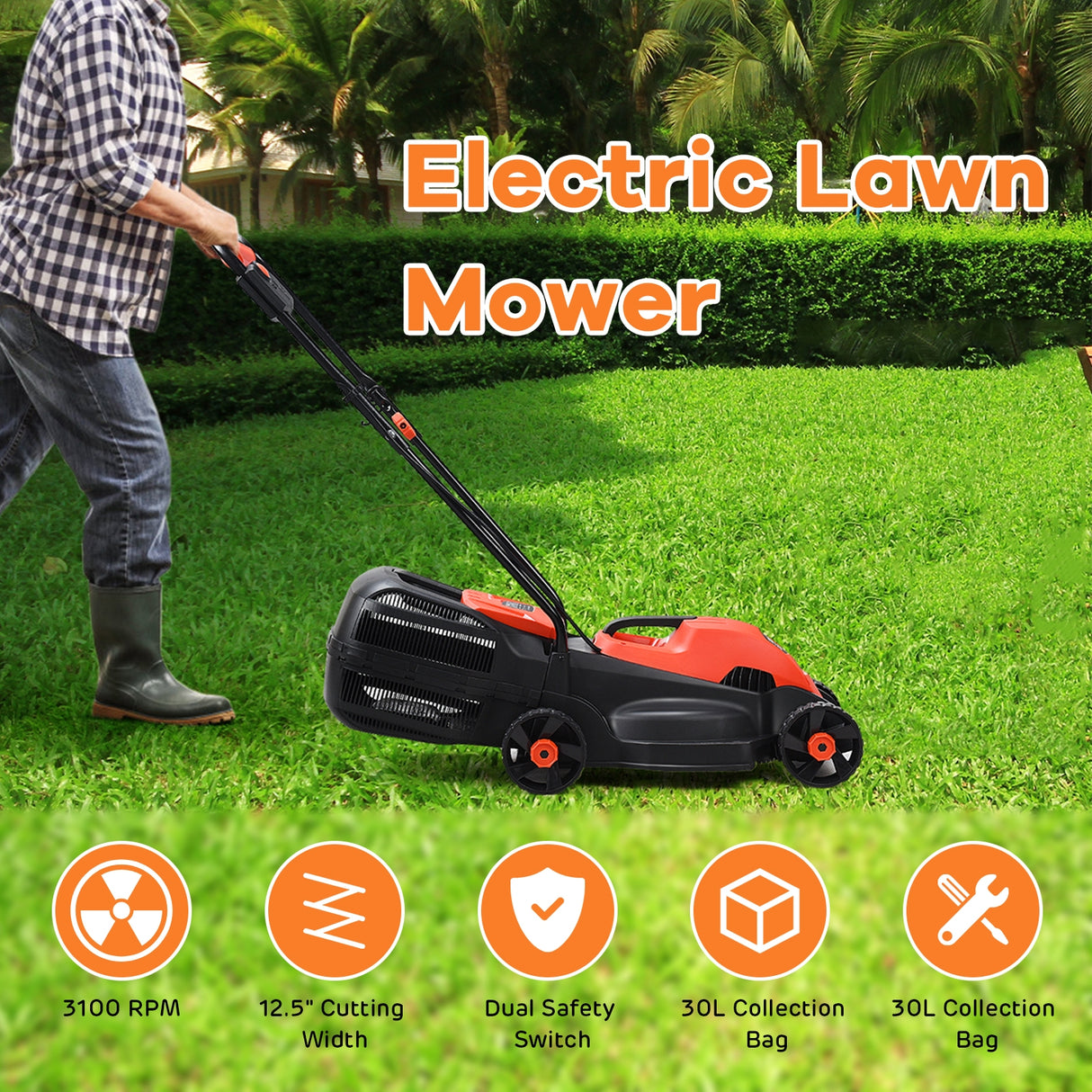 13 Inch Electric Push Lawn Corded Mower with Grass Bag-Green