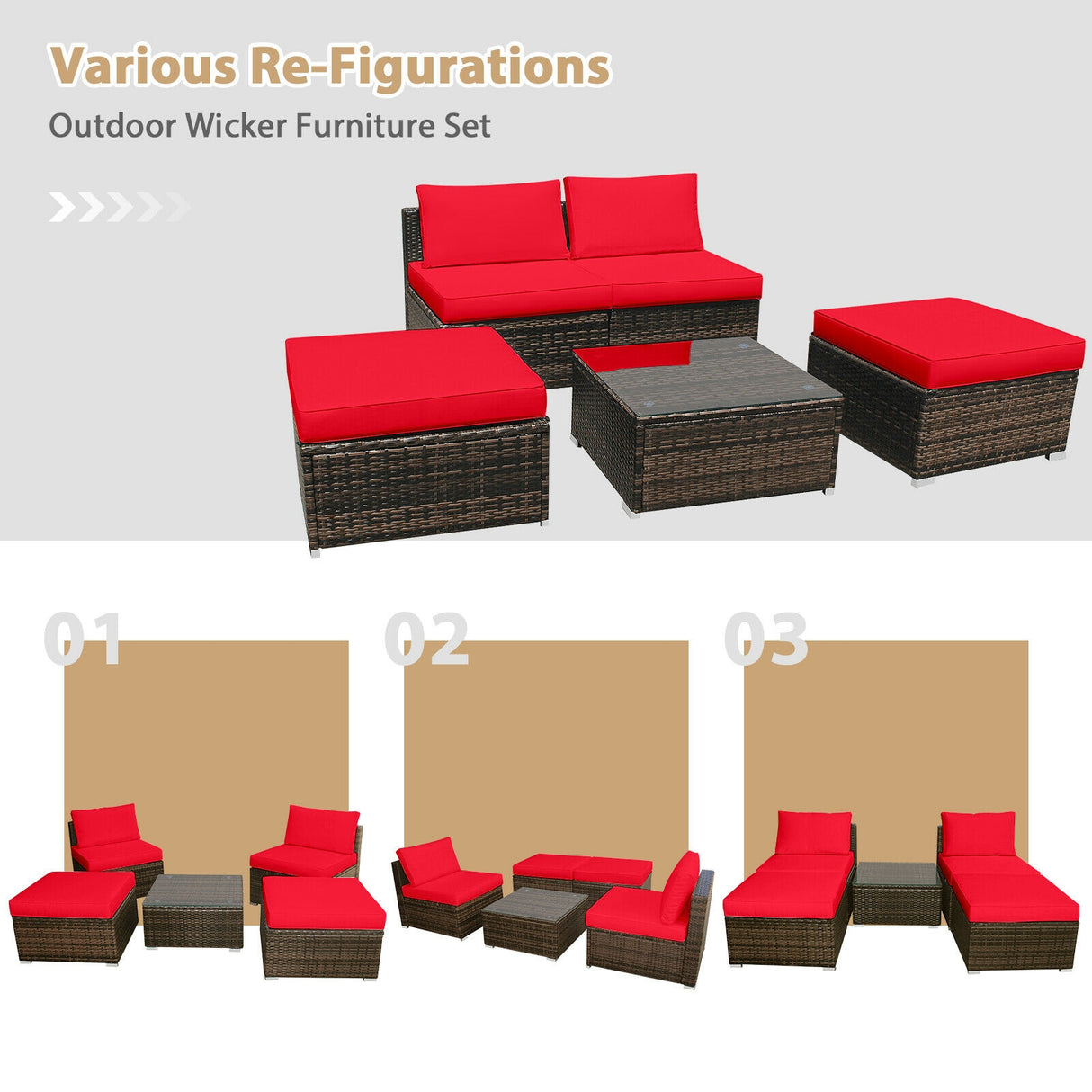 5 Pieces Patio Rattan Furniture Set with Cushioned Armless Sofa-White
