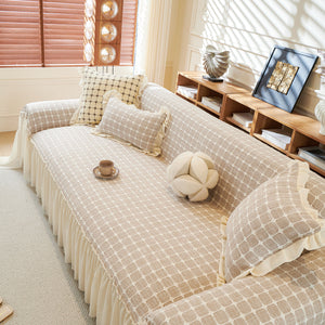 Grid Textured Sofa Cover with Sheer Ruffle Skirt, Pet-Friendly Sofa Throw Slipcover