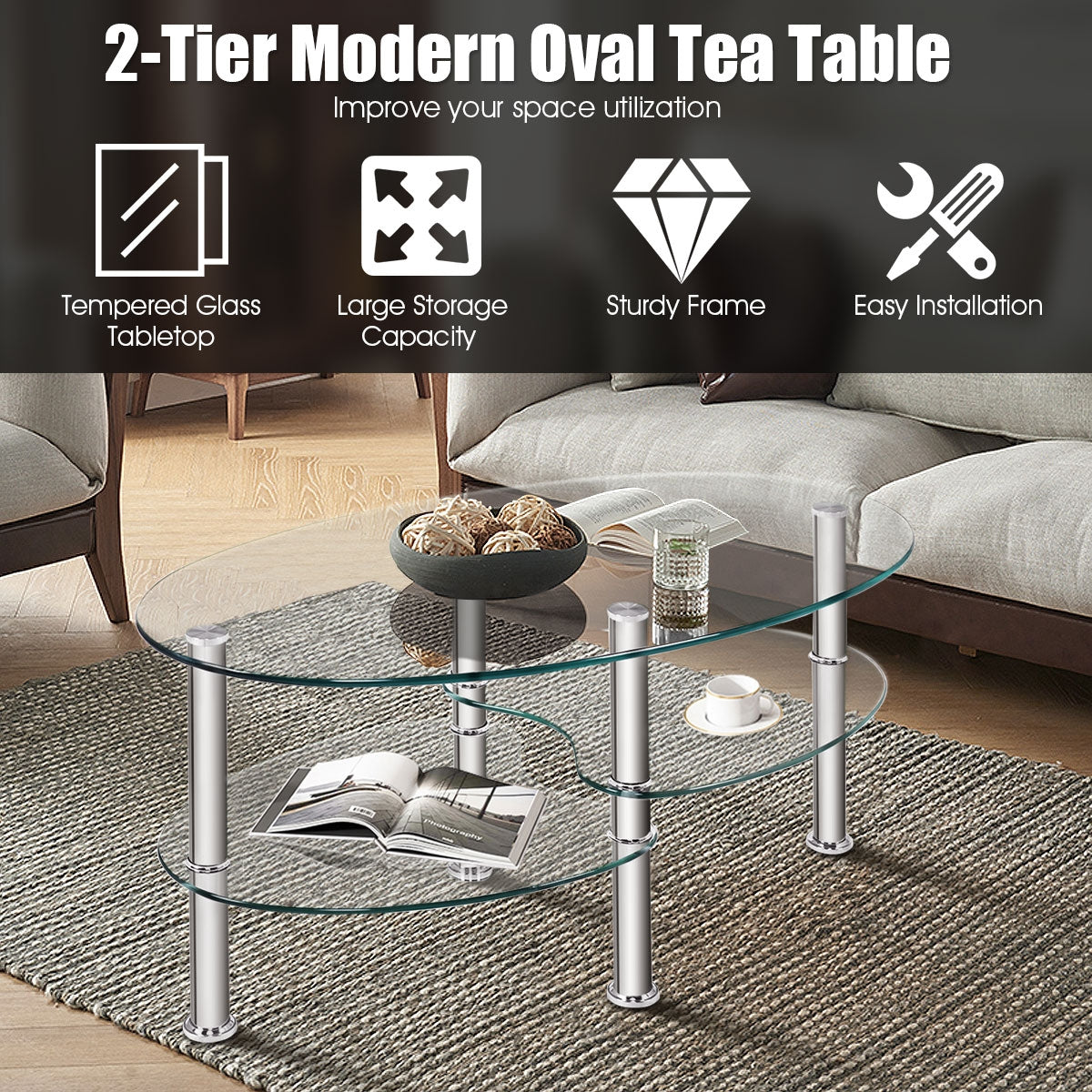 Tempered Glass Oval Side Coffee Table-Black