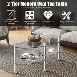 Tempered Glass Oval Side Coffee Table-Black