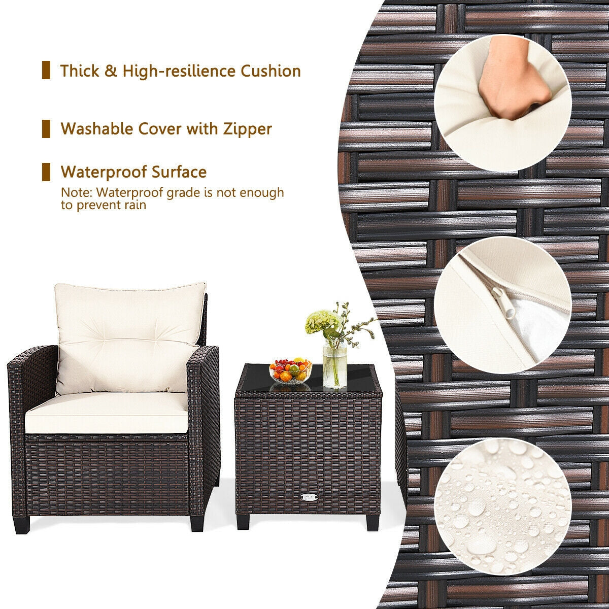 3 Pcs Patio Rattan Furniture Set Cushioned Conversation Set Coffee Table-Beige