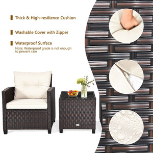 3 Pcs Patio Rattan Furniture Set Cushioned Conversation Set Coffee Table-Beige