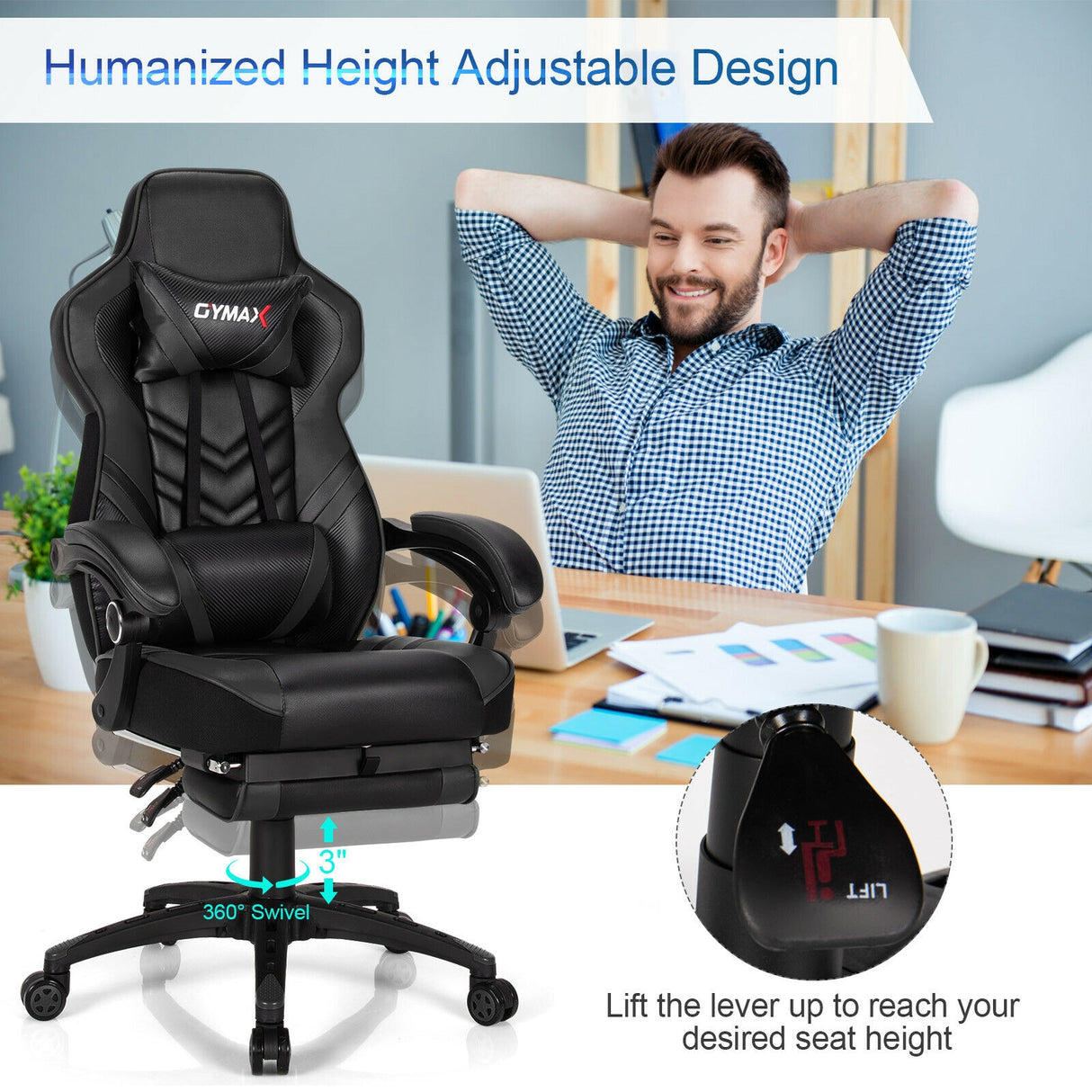 Adjustable Gaming Chair with Footrest for Home Office-Blue