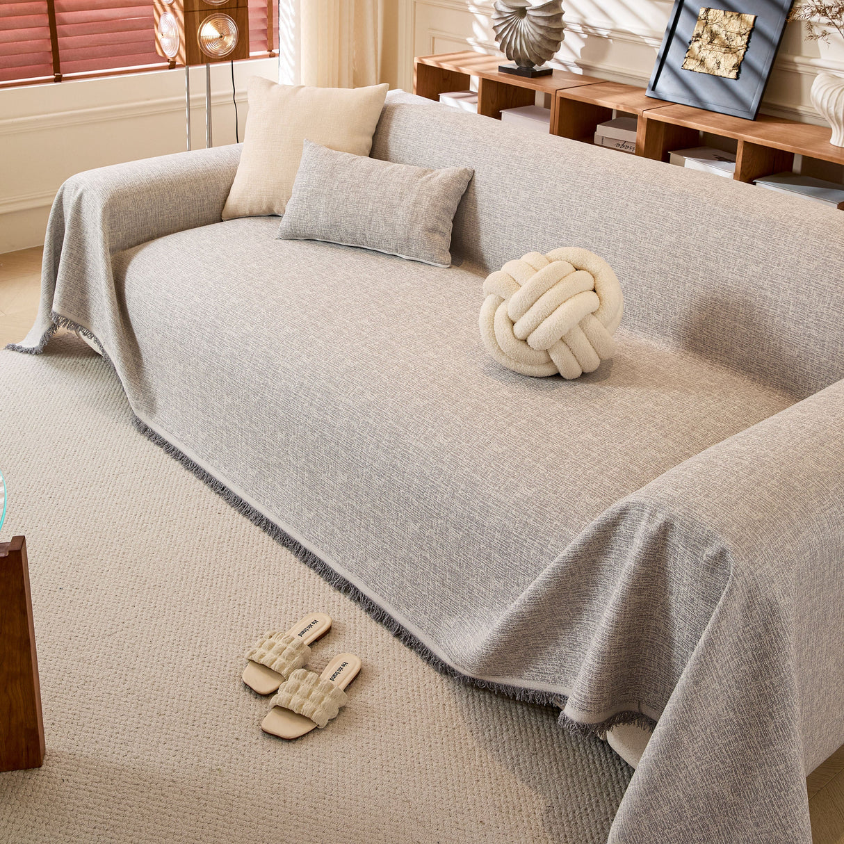 Natural Textured Linen Couch Cover, Breathable & Hypoallergenic Furniture Protector